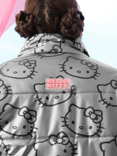 Image of The Souled Store Puffer Jackets: Hello Kitty Women and Girls Long Sleeves Stand Collar Zipper Front Grey All Over Printed Polyester Puffer Jackets