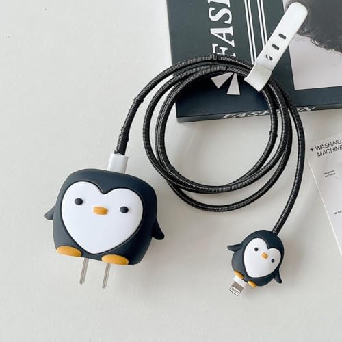 Image of INEFABLE Charger Case Cover Protector with 3D Cute Pattern for iPhone Charger only 18W & 20W, Data Charging Cable Wire Saver Protective Cable Cover Full Protection - Set Of 1 (Penguin)