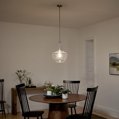 Kichler Everly Single Pendant Light Fixture, Kitchen Island Bell Pendant with Clear Seeded Glass in Brushed Nickel for Dining Room (19.75" x 13.75"), 42046NICS by Kichler - Used condition - Image 7