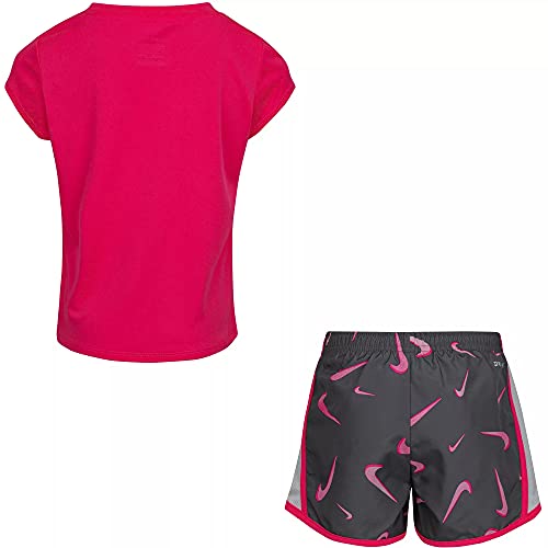 Image of Nike Little Girls' Dri-Fit Swoosh All Over Print T-Shirt and Shorts 2 Piece Set (Grey(26H664-M19) /Pink, 24 Months)