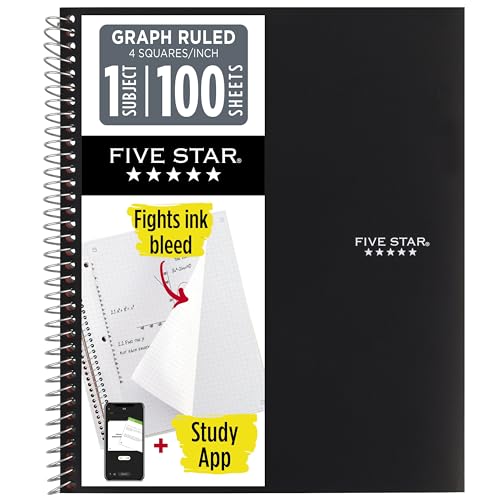 Five Star Spiral Notebook, 1 Subject, Graph Ruled Paper, Fights Ink Bleed, Water Resistant Cover, 8-1/2" x 11", 100 Sheets, Black (73679)