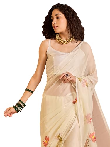 Image of SAREE MALL Women's Chiffon Daisy Floral hand paint Tassel Pallu Lightweight Summer Saree