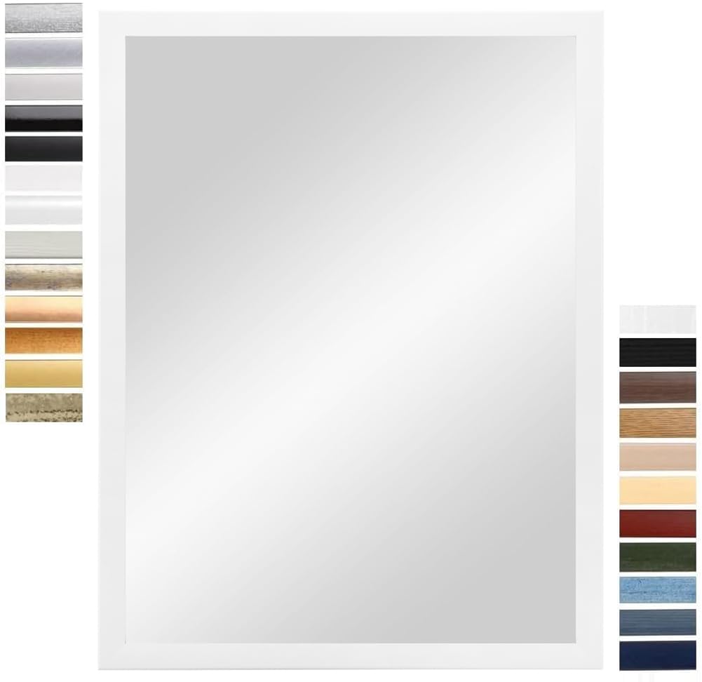 PrimeLuxe Espejo de pared de 55 x 85 cm (dimensiones exteriores) en color blanco mate, color y tamaño a elegir, espejo de cuerpo completo, espejo de baño y pasillo, con marco de madera, fabricado en