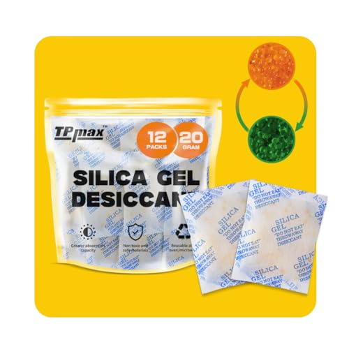 20g x 12 Packs Silica Gel Desiccant Sachets Reusable Dehumidifiers with Color Indicator Ideal for Storage Closets and Basements