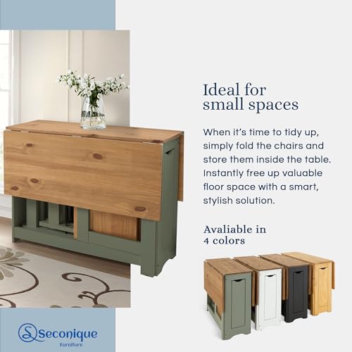 Image of SECONIQUE Santos Butterfly Folding Dining Table Set with 4 Chairs - Space-Saving Table with Nesting Chairs and Storage Shelf - Green & Distressed Pine Finish