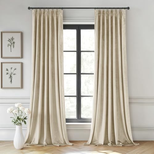 Image of MIULEE Beige Velvet Curtains 84 inches Long, Pinch Pleated Blackout Drapes with Hooks, Thermal Insulated Pinch Pleat Panels for Bedroom Living Room, 2 Panels