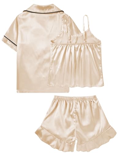 Funnycokid Girls Silk Pajamas Size 6-13 Kids Satin Pjs set 3 Piece Short Sleeve2