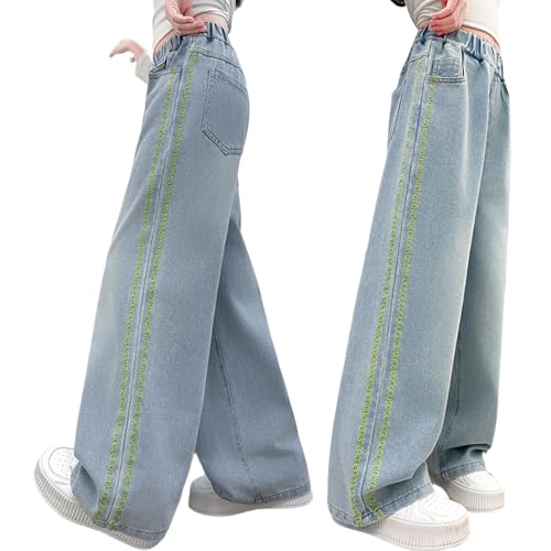Tween Girls Baggy Jeans, Trendy Green Snake Embroidery Trim Denim Pants for Kids- Elastic Waisted Streetwear Pants