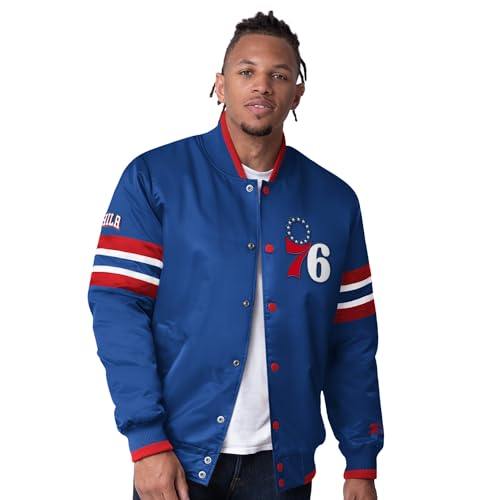 G-III Sports NBA Men's StarterFit Scout I Full-Snap Satin Varsity Jacket (US, Alpha, Large, Regular, Regular, Philadelphia 76ers - Blue)