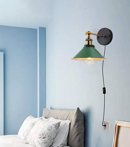 Image of ANYE Wall Sconces with UL Plug-in Button Black Cord Retro Minimalist Style Macaron Green Iron Lampshade Decor Lights Fixtures for Loft Cabinet Kitchen Hotel Bulb Sold Separately
