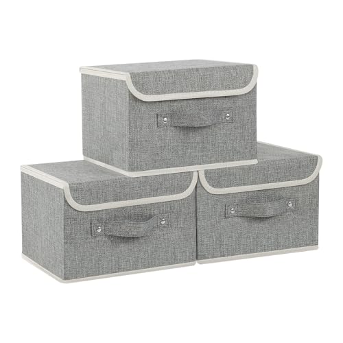ENUMAIL 3 Piezas Caja de Almacenamiento Plegable con Tapa, Organizador de Ropa con Mango, Adecuada Para Habitaciones, Dormitorio, Oficina, 26×20×17cm, Gris