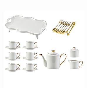 21-Piece White Porcelain Coffee Tea Gift Sets for Adults Ceramic Tea Cups and Saucer Service for 6, Teapot, Sugar Bowl, Creamer Pitcher and Teaspoons.