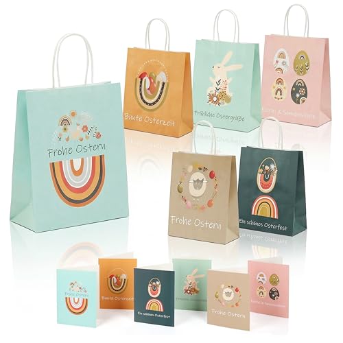 Nordstern Ostern Geschenktüten 6er Set - Bunte Papiertüten mit Henkel als Geschenkverpackung - Ostertüten zum Befüllen inkl. 6x Klappkarten Grußkarten