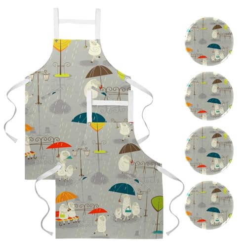 Tablier de cuisine rétro motif mouton pluvieux lot de 2 avec 4 broches