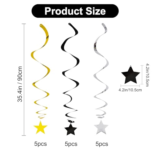 Image of BEISHIDA Black Gold Silver Star Hanging Swirl Decorations,Graduation Birthday Hanging Party Supplies for Graduation Wedding Baby Shower Birthday Decorations,Pack of 15