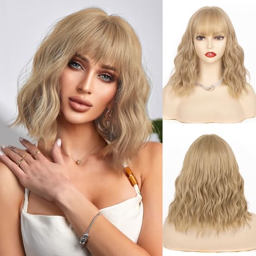 NAYOO Short Blonde Wig with Bangs, 14 Inch Blonde Bob Wig with Bangs for Women, Shoulder Length Taylor Swift Wigs, Girls' Cosplay Costume Halloween Wigs