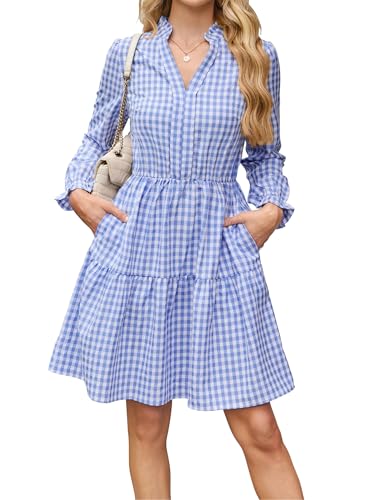 Image of Theenkoln Womens Casual Midi Dress: Short Sleeve V-Neck Empire Waist Gingham Spring Fashion Long Trendy Tiered Formal Dresses