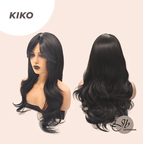 Miniatura 8 de KIKO - Peluca larga y rizada negra con flequillo en capas, pelucas sin pegamento para mujer, pelucas sintéticas naturales para uso diario (pelucas