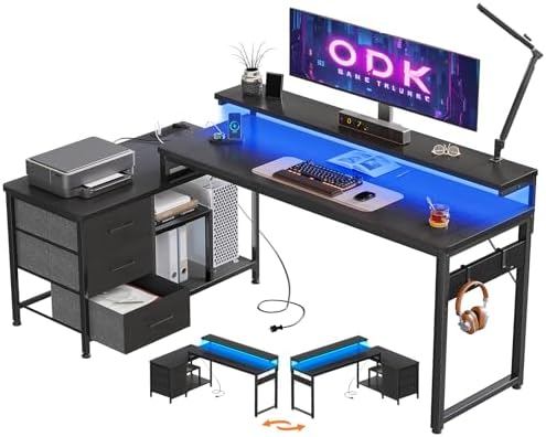 ODK Corner Desk with Drawers, 174x100 cm L Shaped Desk with LED L...