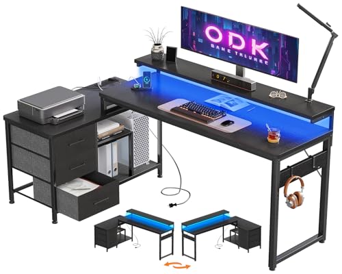 ODK Corner Desk with Drawers, 174x100 cm L Shaped Desk with LED L...