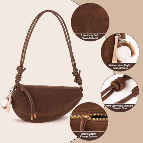 Image of Small Suede Dumpling Crossbody Bag for Women, Hobo Shoulder Purse with Cute Baseball Charms & Adjustable Strap