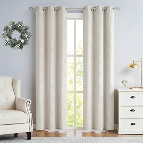 Nottingson Home Cream Beige Velvet Short Curtains Panels 63 Inch For Half Window 70% Blackout Bedroom Embossed Geometric Trellis Room Darkening Ivory Drapes Grommet Top 40" Wx63 L 2 Panels #TOP1