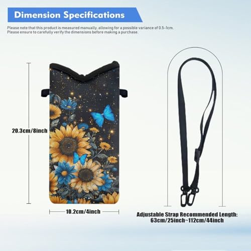 Image of Neoprene Phone Pouch Bag Shockproof Crossbody Phone Purse Bag with Detachable Adjustable Strap Travel Essentials Hands Free, Sunflower Blue Daisy Butterfly Sparkle Black
