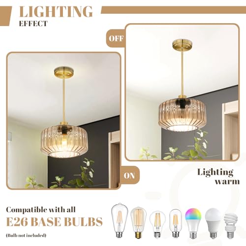 Image of 2-Pack Kitchen Island Hanging Lights Amber Glass Pendant Light Fixtures 1 Light 11.8 Inch Glass Shade Mid Century Farmhouse Hanging Lamps for Bedside Living Room Dining Room