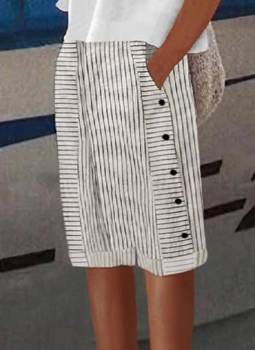Women's Striped Print Black White Capris Pants 2025 Summer Elastic Waist Side Buttons Cropped Trousers with Pockets3