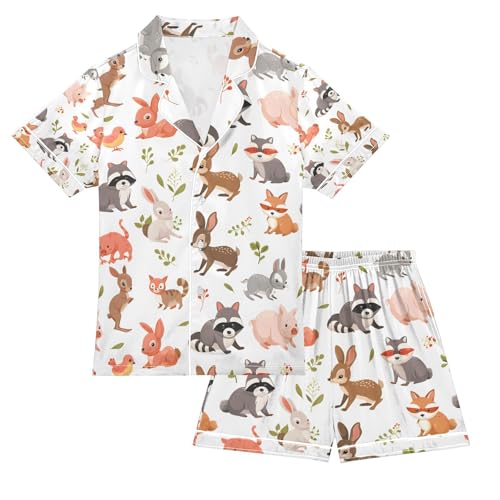 senya Raccoon Rabbit Deer Satin Summer Pajama Sets Silk Short Sleeve Button Down Sleepwear