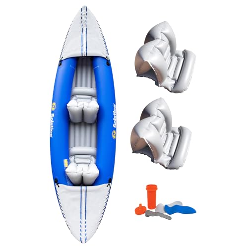 SOLSTICE Inflatable Kayak Boat – Durable, Portable & Adventure-Ready, Heavy Duty PVC – 2 Blow Up Seats & Spray Skirt, 1-2 Person Tandem, Rogue, Blue, 10'6"
