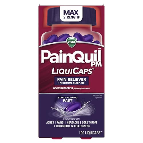 Vicks PainQuil Pain Relief Acetaminophen 1000mg Max Strength Pain Reliever LiquiCaps 100ct, Backache Headache Relief, 1 Nighttime Pain Reliever + Sleep Aid