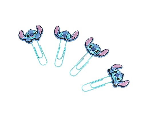Set Clips con topper Disney Stitch - Marcador de libros Disney, 4 marcapáginas Disney diferentes - Material escolar y papelería Disney, licencia oficial