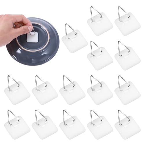 Grevosea 15 Pcs Wall Plate Hangers, Adhesive Picture Hangers Frame Hangers Without Nails Picture Hanging Hooks Plate Holders for Displaying Decorative Plates and Wall Art