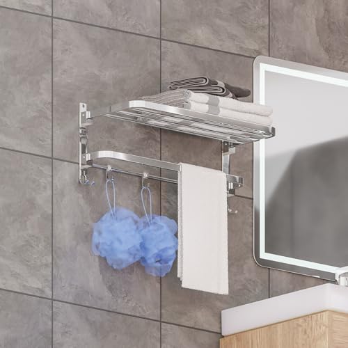 Image of Towel Rack for Bathroom, Shelf for Wall with Towel Hooks, Towel Rack, Kitchen Accessories Items Wall Mounted for Heavy-Duty Elegance (Chrome, 18 Inch)