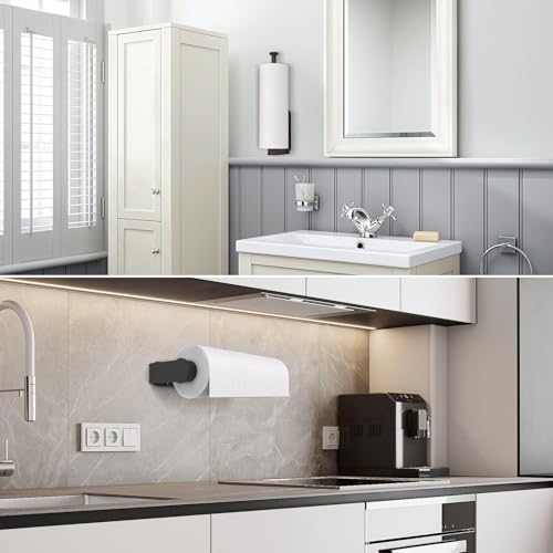 Image of Mbillion Matte Black Ratchet Mechanism Paper Towel Holder | Wall mounte and self-adhesive under cabinet paper towel rack, one-handed tear stainless steel for kitchen