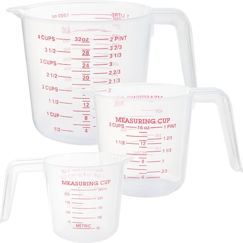 Lekeeu Plastic Measuring Jugs 3PCS Kitchen Baking Jugs Set Measuring Cups Set 250ML/500ML/1000ML Clear Measuring Cup with Handle Plastic for Cooking Baking Stackable Multi-Purpose Flour