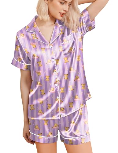 Image of Ekouaer Silk Pajamas for Women Funny Teddy Sleepwear Comfy Short Sleeve Button Down Loungewear Satin Pjs Shorts Set,Pink Purple Striped,XXL