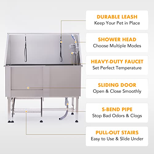 CO-Z Hundebadewanne 50'' Haustierbadewanne aus 304 Edelstahl mit Treppe, Professionelle Tierbadewanne Hundepflegewanne Hundedusche Hundepoolmit Duschkopf & Schiebetür für Hunde Tragfähigkeit 120kg