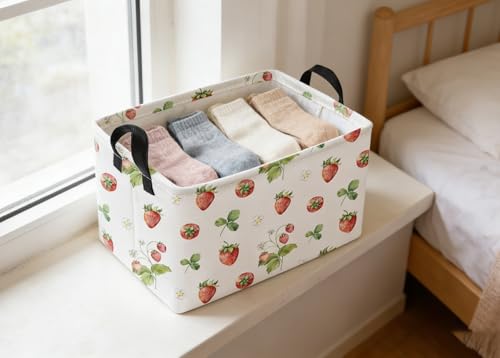 Image of Essme Rectangular Kids Baskets,Strawberry Storage Box,Cute Basket for Kids with Handles for Room Decor, Book Bins,Shelf Basket.(Strawberry)