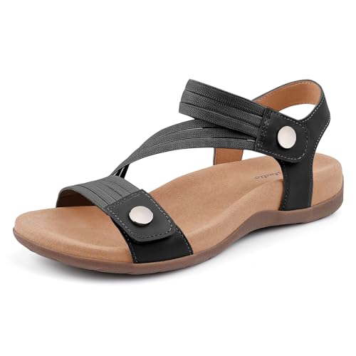 BCSTUDIO Women's Comfort Orthopedic Sandals with Arch Support Summer Walking Casual Flats Shoes, Black, Size 11
