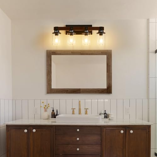 Image of 4 Lights Wood Farmhouse Vanity Lights Fxtures Rustic Bathroom Lights Over Mirror with Clear Glass Shade Black Industrial Wall Sconce for Bathroom Bedroom Hallway Kitchen