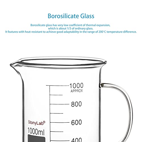 Image of stonylab Glass Beaker with Handle, Borosilicate Glass Graduated Low Form Griffin Beaker with Handle and Pouring Spout, 1000 ml (Pack of 2)