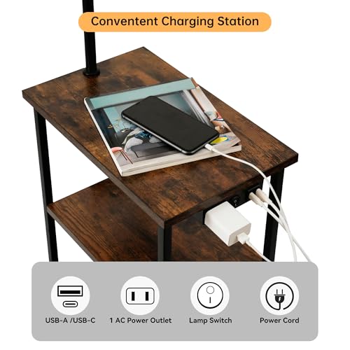 Image of Qupui Floor Lamp with Table, USB Charging, Fabric Basket, Brown