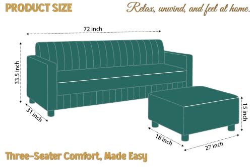 Image of 3 Seater Velvet Sofa with Ottoman | Modern Upholstered Couch | Comfortable Living Room Sofa | Durable & Stylish Seating for Home, Office & Guest Room - Green Color