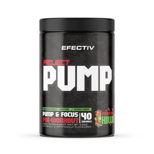 EFECTIV Project Pump - Stim-Free & Caffeine Free Pre Workout Powder 440g – Strawberry Kiwi (40 Servings) - Advanced Performance with Citrulline, Nitrosigine & Nootropics – Focus, Endurance & Strength