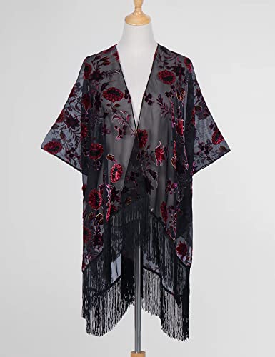 Image of MJ SERECA Women's Burnout Velvet Kimono Cardigan Cover Up with Tassel