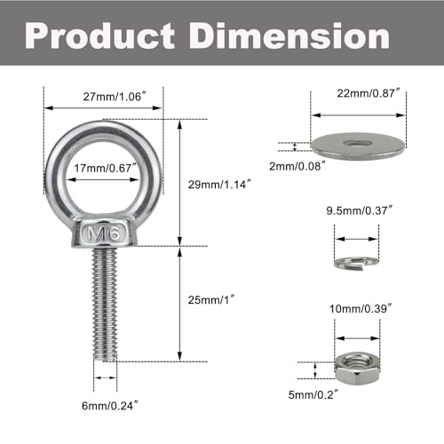 Image of M6 Stainless Steel Lifting Eye Bolt with Nuts 4 Pack (M8 M10 x 1 2 4 inch Available), Metric M6 x 25mm (1 /4 inch x 1 in) Ring Shoulder Eye Bolt for Swing, Threaded Eyebolt kit for Tie Down Outdoor