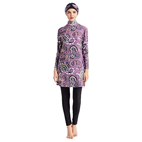 CaptainSwim Women Modest Muslim Swimsuit Full Coverage Swimwear Islamic Hijab Ladies Beachwear Swimming Burkini Swim Suit (3XL) Lavender Cover