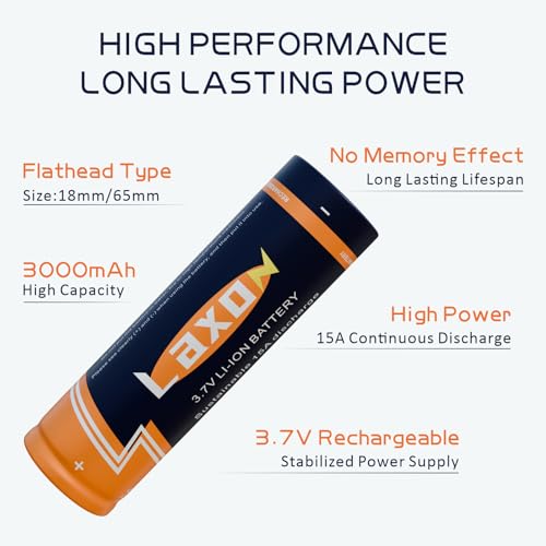 image for Laxon 18650 Rechargeable Battery 3.7V 3000mAh Batteries, Flat Top Batt